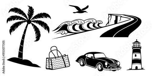 A tropical vacation scene featuring a cruise ship, palm tree, and various vehicles Vector