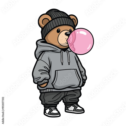 A cartoon bear wearing a grey hoodie and hat blowing a large pink bubble, standing upright, illustrated in vector graphics.