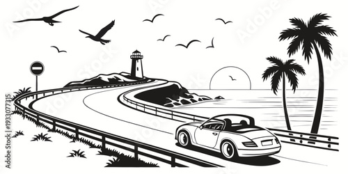 Birds flying over a tropical island with palm trees and a winding road Vector