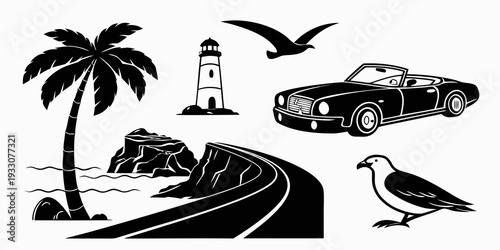 A scenic coastal road with a lighthouse, palm tree, and a classic car Vector