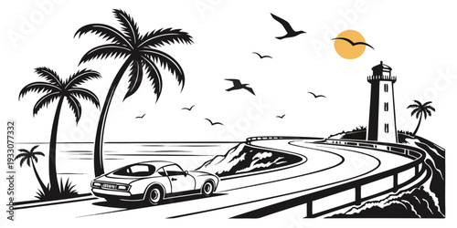 A serene beach scene with palm trees and a lighthouse in the distance. Vector