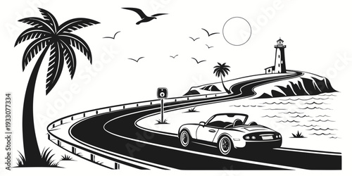 A picturesque coastal town with winding roads, palm trees, and a lighthouse Vector