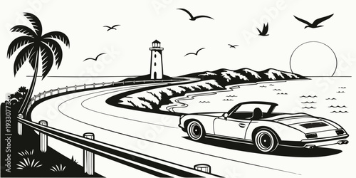 A scenic coastal road with cars and birds in a vintage illustration style Vector