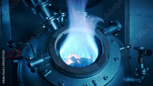 A large metal furnace emitting a bright blue flame is surrounded by industrial pipes in a dark environment with a focus on fire, technology, and industry.