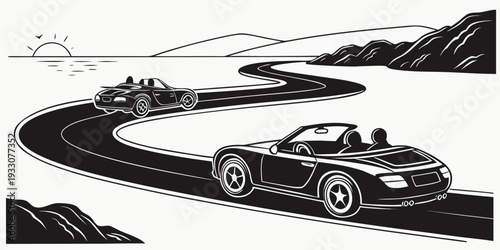 A thrilling race between two cars on a winding mountain road Vector