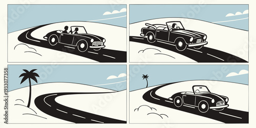 A series of illustrations depicting a boat journey through a tropical landscape Vector