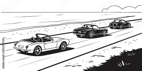 Vintage cars racing on a dirt track with spectators watching from the side Vector