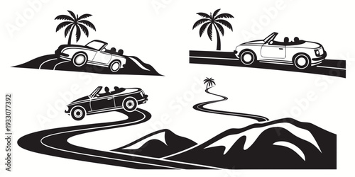 A surreal landscape with a winding road, floating islands, and a car. Vector
