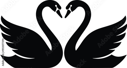Collection of black swan silhouettes featuring two swans facing each other to form a heart shape for romantic wedding decor nature logos and graceful icons