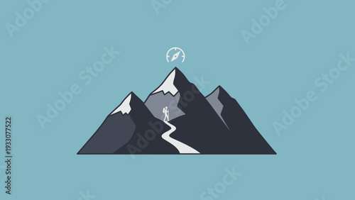 Lone Hiker Reaches Mountain Summit with Compass, Symbolizing Achievement and Adventure