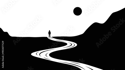 Lone Silhouette Man Walking on Winding Road Towards Sun in Minimalist Landscape