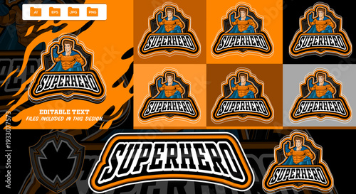 Powerful male superhero mascot logo design. Muscular cap wearing hero in a classic blue and orange costume with flowing cape, striking a heroic pose inside a bold shield editable vector. eps