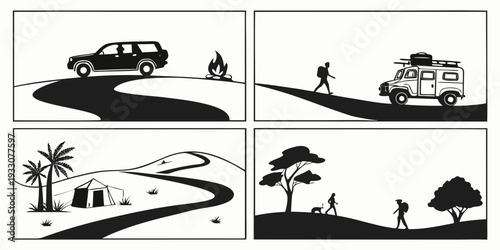 A journey through different landscapes and terrains with various vehicles Vector