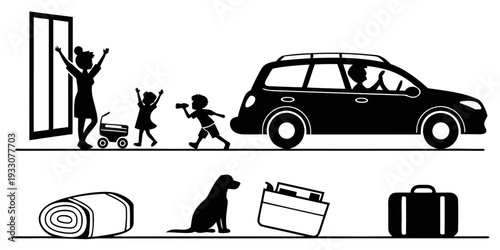 Illustration of people, pets, and items involved in a moving process Vector