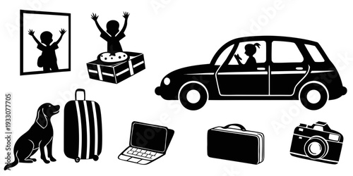A black and white illustration of travel essentials including a car, dog, and luggage Vector