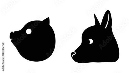 Minimalist Black Silhouettes of Pig and Deer Heads Facing Each Other