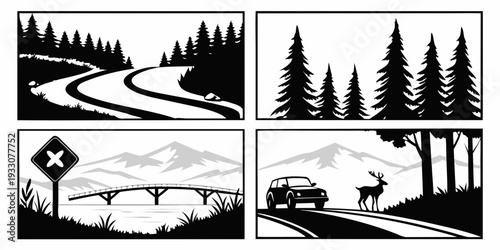 A serene forest scene with winding roads and various traffic signs Vector