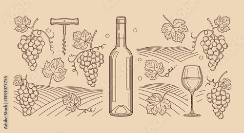 Artistic sketch of wine bottle grapes vineyard landscape and wine glass with corkscrew on beige background