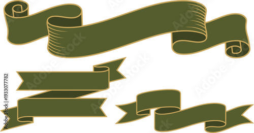 Collection of elegant green vintage style empty scroll banners with decorative gold outlines for custom text