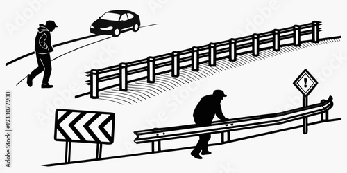 Construction workers building a bridge over a busy road with traffic signs nearby Vector