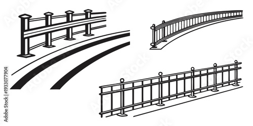 A variety of different types of fences and railings in a black and white illustration Vector