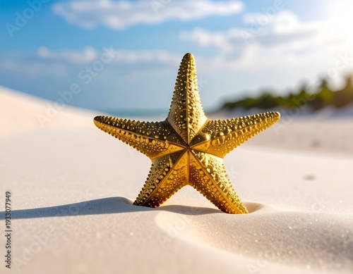 Golden starfish resting on pristine white sand beach under blue sky; bright inviting tropical vacation scene for travel and relaxation imagery