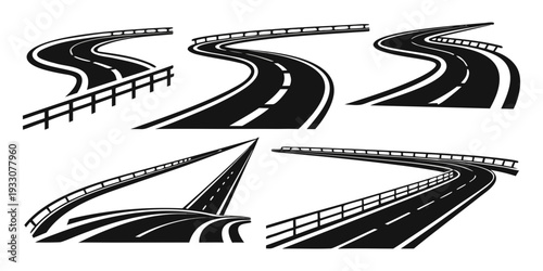 A collection of artistic black and white line drawings of curved roads and bridges. Vector