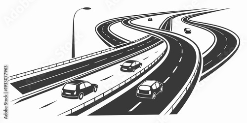 A busy intersection with multiple lanes of traffic and various vehicles Vector