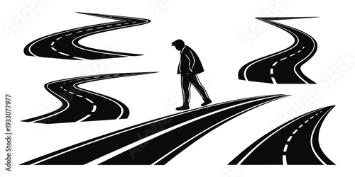 A person standing at a crossroads, contemplating their path forward. Vector