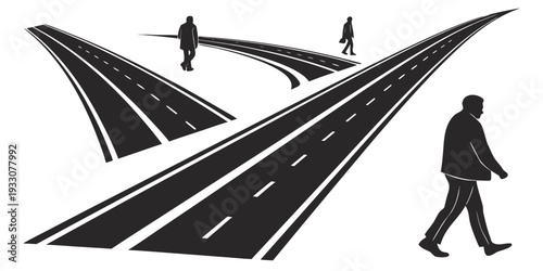 Person walking on a road with multiple lanes and bridges overhead Vector