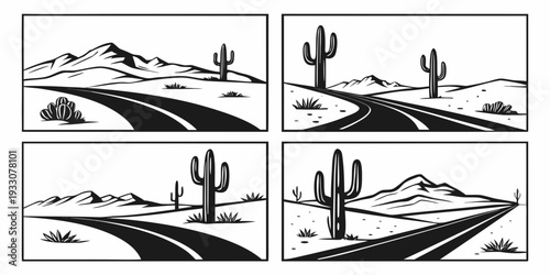 Four distinct desert scenes showcasing the beauty of cacti and sand dunes Vector