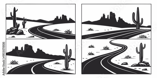 Four distinct desert landscapes showcasing unique terrain and vegetation. Vector