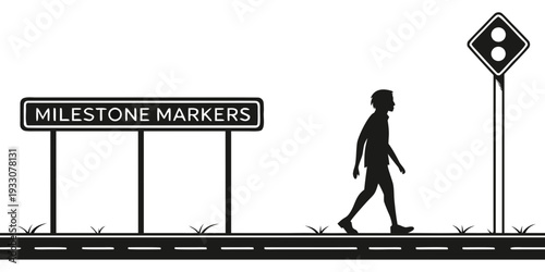 A silhouette of a person walking past milestone markers on a railway track. Vector