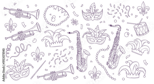 Mardi Gras Celebration Elements Collection Featuring Musical Instruments Masks and Confetti for Festive Occasions
