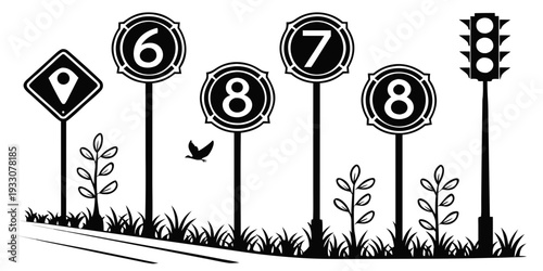 A whimsical illustration of traffic signs and roadside elements. Vector