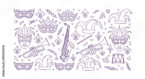 Mardi Gras Celebration Elements Seamless Pattern Featuring Masks Jester Hats Musical Instruments And Fleur De Lis In Purple Outline Style On White Background