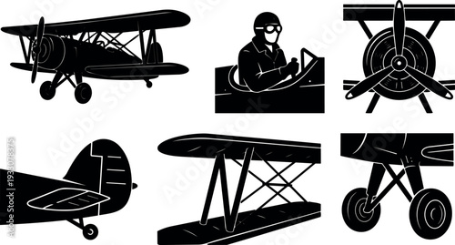 Vintage silhouette vector biplane montage showing pilot in open cockpit close up propeller front wheel angle nostalgic aviation monochrome illustration