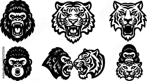 Mascot logo set six roaring tiger and gorilla heads bold vector line art front view side profile badge style monochrome