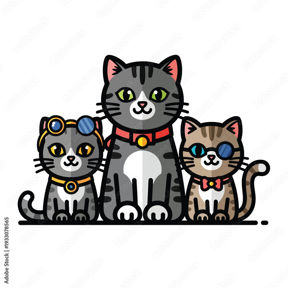 Fototapeta premium Three cats with goggles and collars sitting together viewed from the front in a simple illustration
