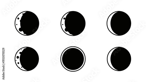Moon Phases Icons Set: Crescent, Gibbous, Full Moon, New Moon, Waxing, Waning