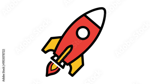 Red and yellow cartoon rocket ship blasting off into space, illustration