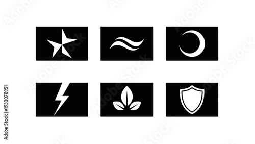 Set of 6 Icons: Star, Waves, Moon, Lightning, Leaves, Shield on Black Background