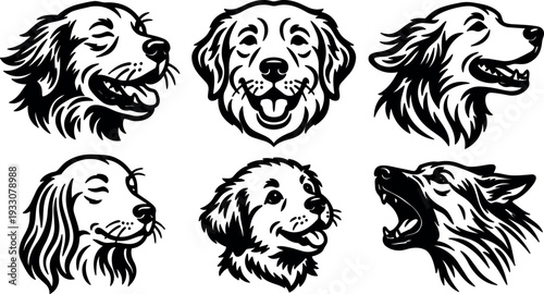 Tattoo flash six dog head portraits showing varied expressions in bold black line art vector for logos badges and emblems