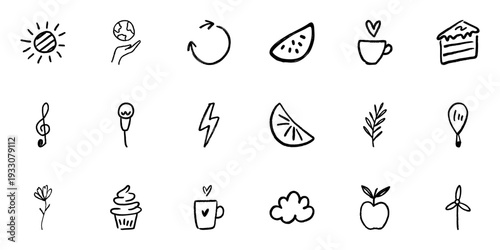 Doodle Style Icon Set Featuring Sun, Earth, Arrows, Food, Music, And Nature Elements. Hand-Drawn Sketch Collection. Perfect For Eco-Friendly, Culinary, And Artistic. Isolated Vector Illustration
