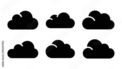 Set of Black Cloud Icons, Weather Symbols, Isolated on White Background