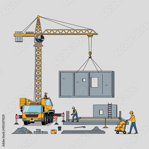 Construction workers assemble modular building with crane, lifting prefabricated module