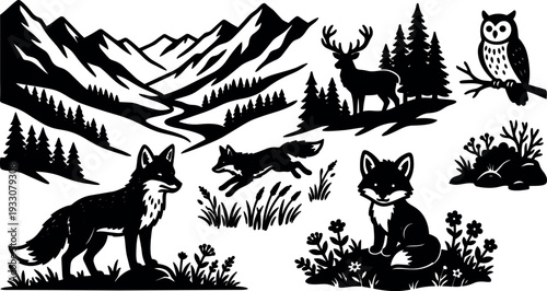 Silhouette nature vector set with mountains river deer owl adult fox running fox kit in meadow high contrast pine trees