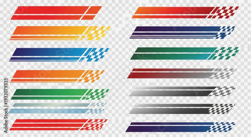 Colorful racing stripes and checkered flags design elements for speed.