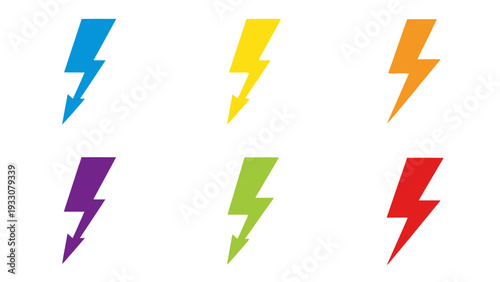 Set of Colorful Lightning Bolt Icons on White Background - Energy, Power, Electricity Symbols