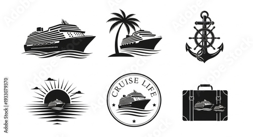 Cruise ship travel and vacation themed black and white illustrations.
